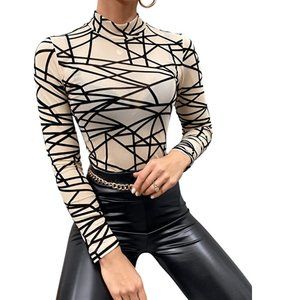 Beige Mock Turtleneck with Geometric Graphic Print